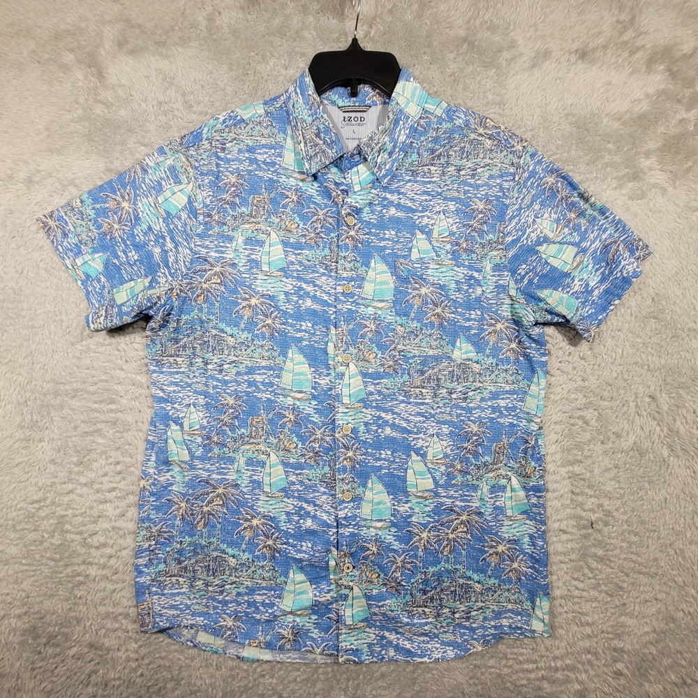 IZOD Saltwater Shirt Mens‎ Large Palm Tree Sailboat Print Button Up Short Sleeve